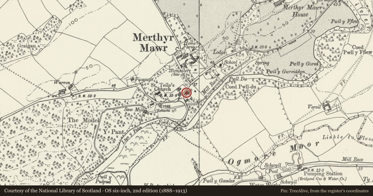 Ordnance Survey six-inch map, 2nd edition (1888–1913) covering the location of Oak Cottage, Merthyr Mawr, Bridgend, with a pin at the register's coordinates