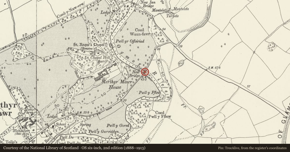 Ordnance Survey six-inch map, 2nd edition (1888–1913) covering the location of New Bridge, Merthyr Mawr, Bridgend, with a pin at the register's coordinates
