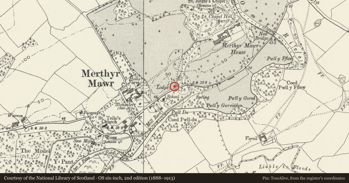 Ordnance Survey six-inch map, 2nd edition (1888–1913) covering the location of West Lodge, Merthyr Mawr, Bridgend, with a pin at the register's coordinates