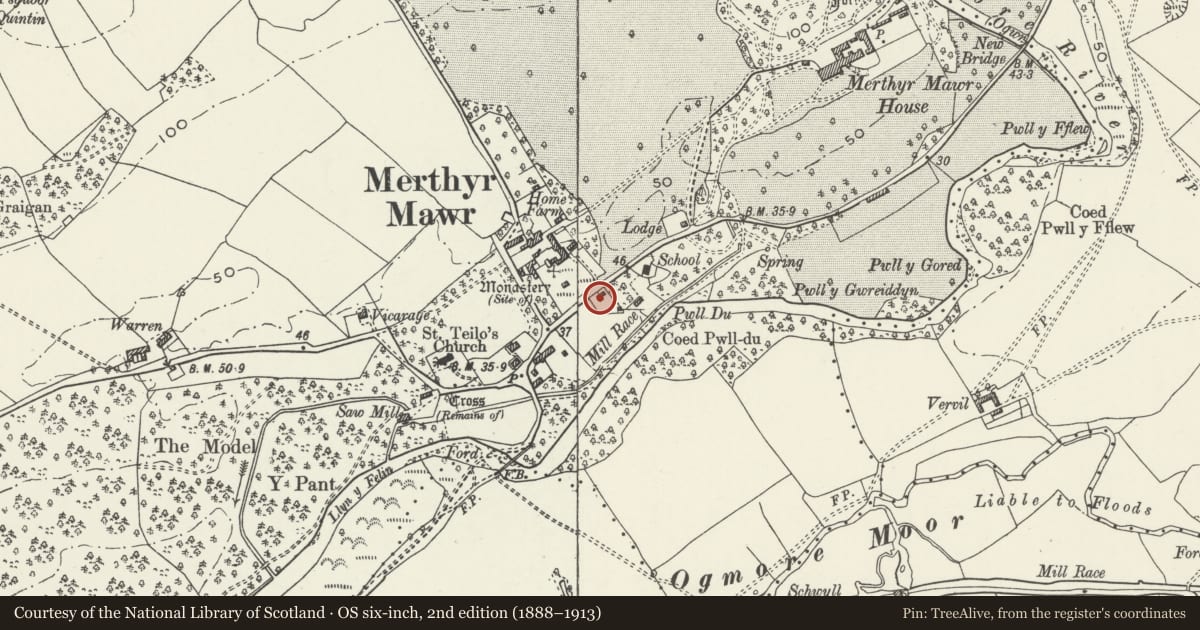 Ordnance Survey six-inch map, 2nd edition (1888–1913) covering the location of Holly Cottage, Merthyr Mawr, Bridgend, with a pin at the register's coordinates