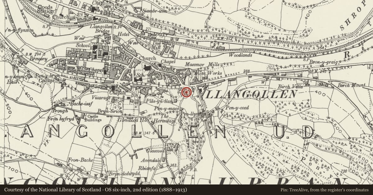 Ordnance Survey six-inch map, 2nd edition (1888–1913) covering the location of Min-Nant, Llangollen, Denbighshire, with a pin at the register's coordinates