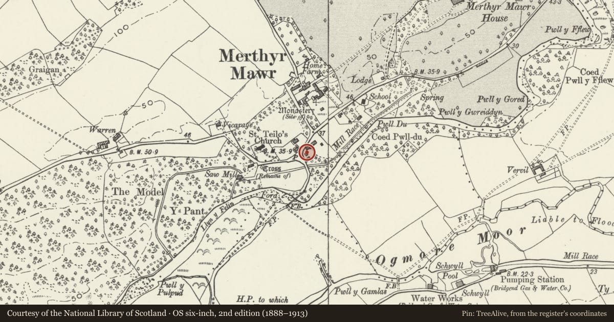 Ordnance Survey six-inch map, 2nd edition (1888–1913) covering the location of Diana Cottage, Merthyr Mawr, Bridgend, with a pin at the register's coordinates