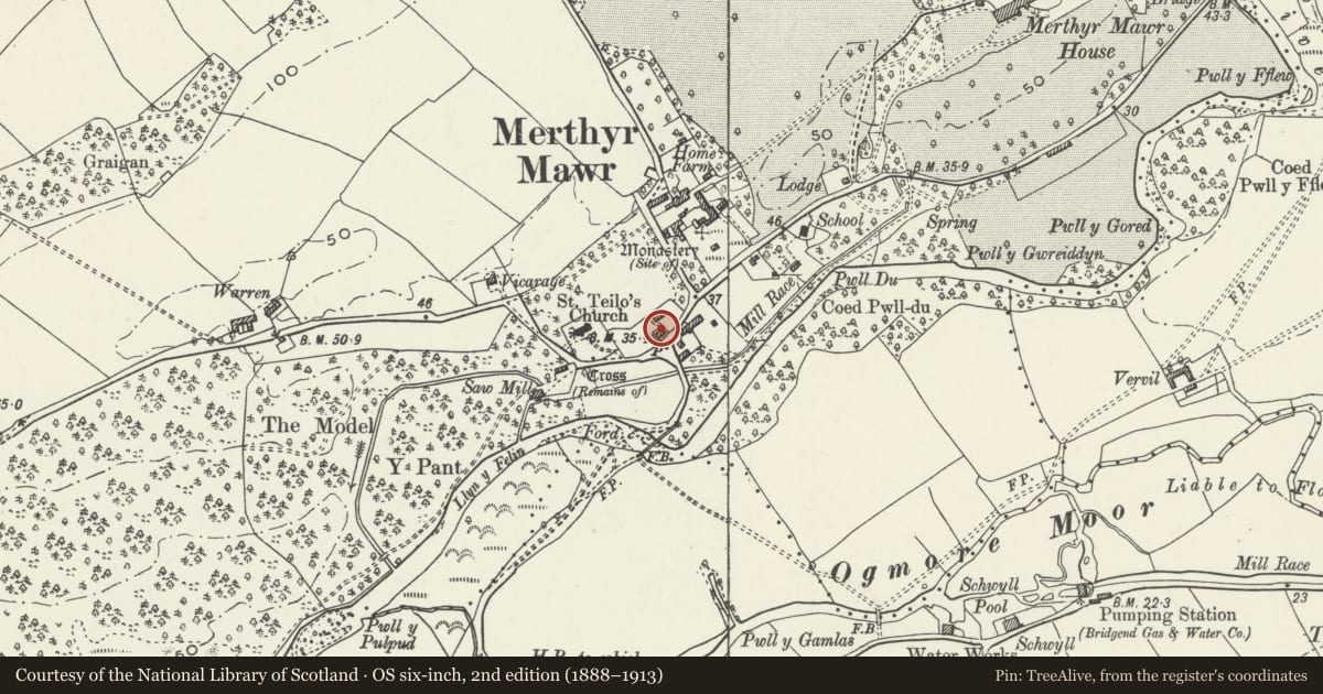 Ordnance Survey six-inch map, 2nd edition (1888–1913) covering the location of Church Cottage, Merthyr Mawr, Bridgend, with a pin at the register's coordinates