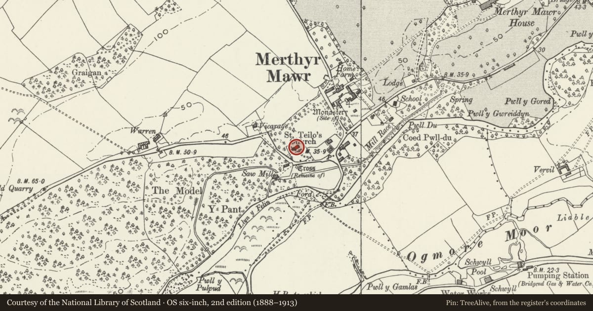 Ordnance Survey six-inch map, 2nd edition (1888–1913) covering the location of Church of St Teilo, Merthyr Mawr, Bridgend, with a pin at the register's coordinates