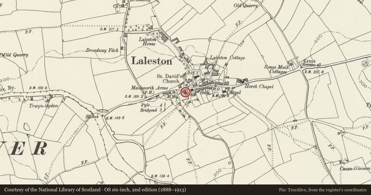 Ordnance Survey six-inch map, 2nd edition (1888–1913) covering the location of Ty Mawr aka The Great House, Laleston, Bridgend, with a pin at the register's coordinates