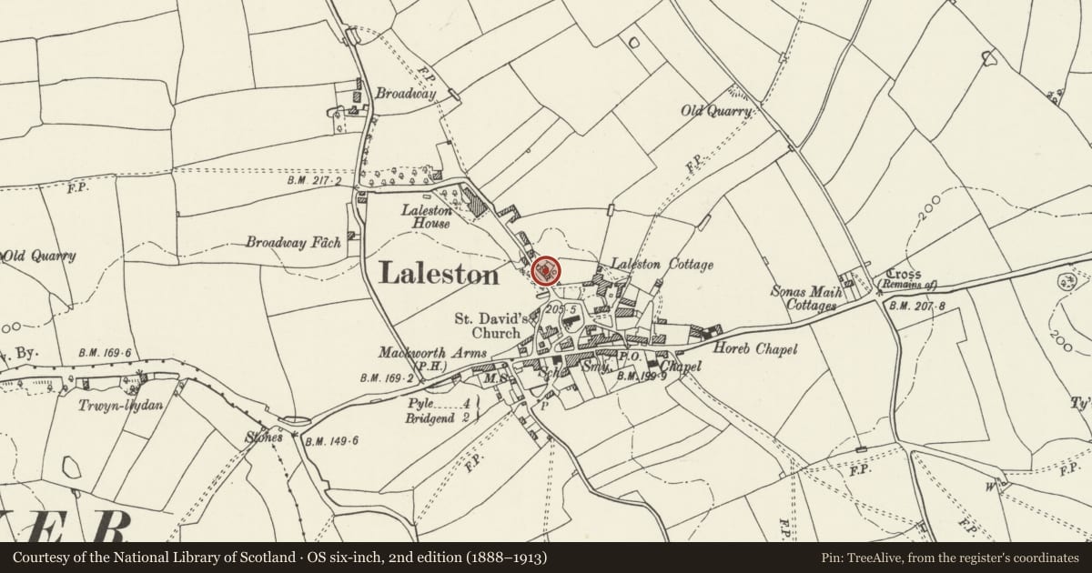 Ordnance Survey six-inch map, 2nd edition (1888–1913) covering the location of The Laleston Inn, Bridgend, with a pin at the register's coordinates