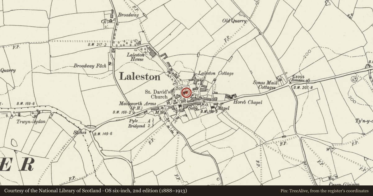 Ordnance Survey six-inch map, 2nd edition (1888–1913) covering the location of Church of St David, Laleston, Bridgend, with a pin at the register's coordinates