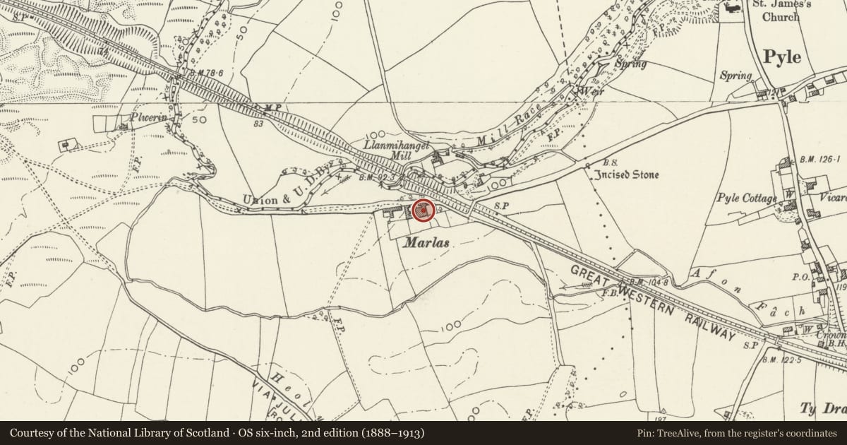 Ordnance Survey six-inch map, 2nd edition (1888–1913) covering the location of Marlas House, Cornelly, Bridgend, with a pin at the register's coordinates