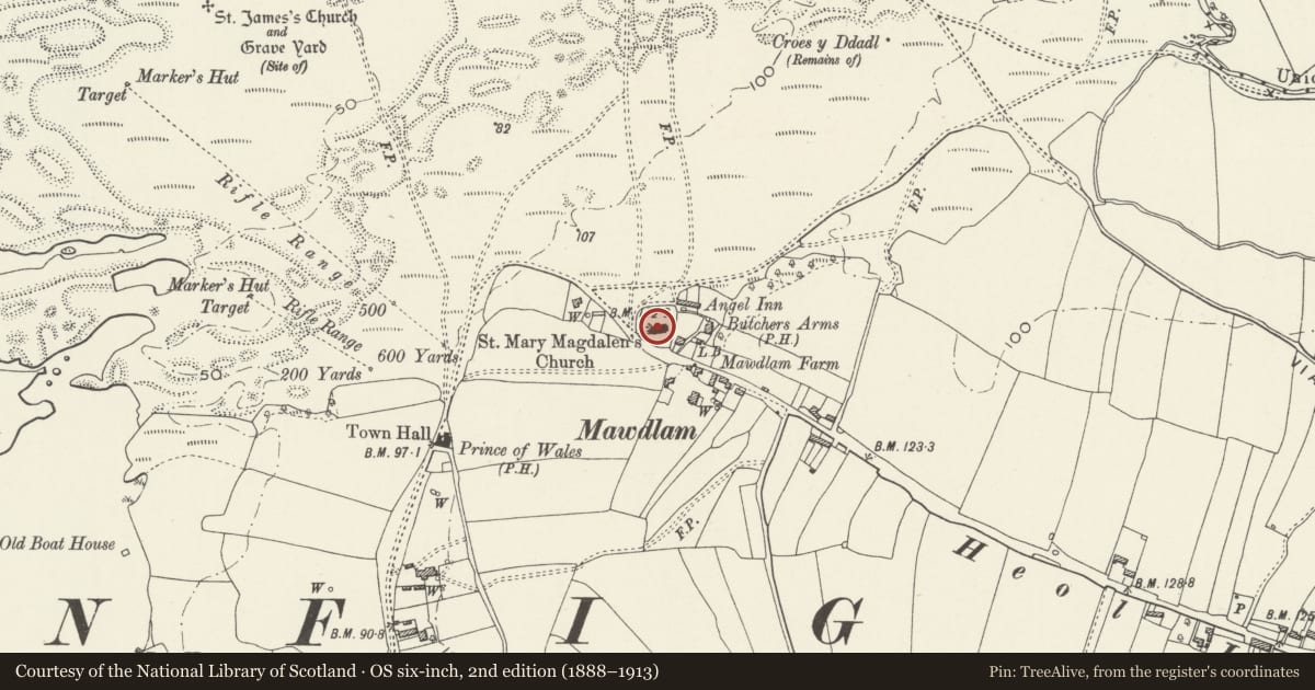Ordnance Survey six-inch map, 2nd edition (1888–1913) covering the location of Church of St Mary Magdalen, Pyle with Kenfig, Cornelly, Bridgend, with a pin at the register's coordinates
