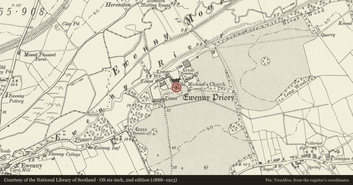 Ordnance Survey six-inch map, 2nd edition (1888–1913) covering the location of Ewenny Priory (house), Vale of Glamorgan, with a pin at the register's coordinates