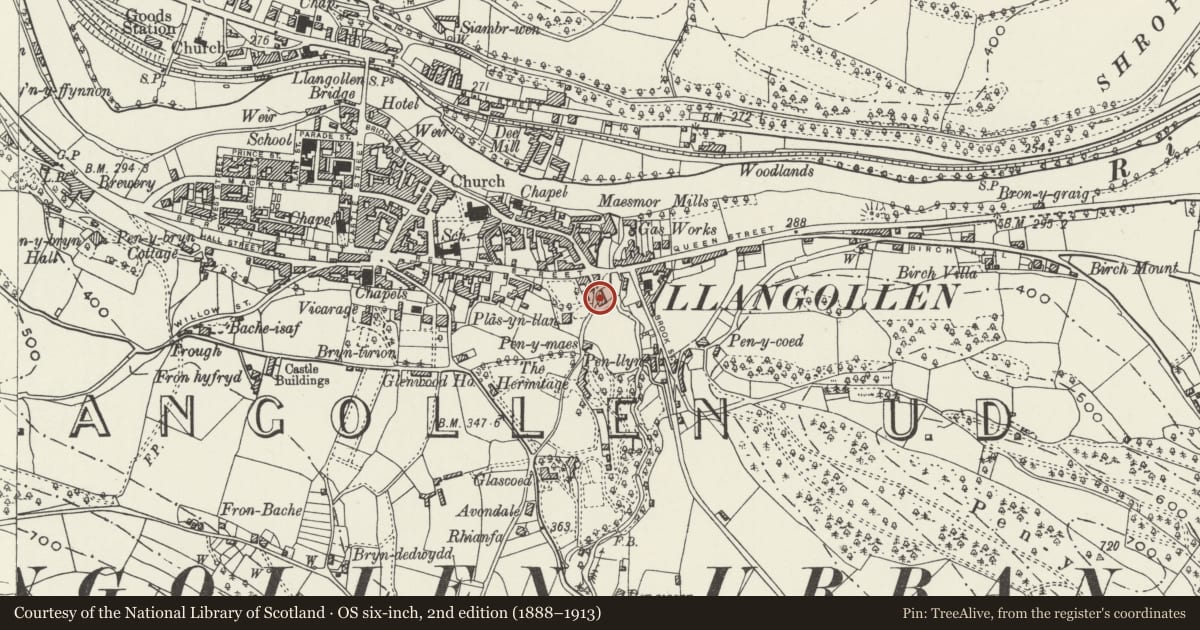 Ordnance Survey six-inch map, 2nd edition (1888–1913) covering the location of Large outbuilding to rear of Min-Nant, Llangollen, Denbighshire, with a pin at the register's coordinates