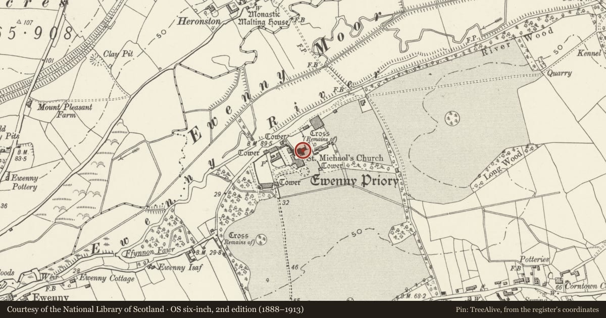 Ordnance Survey six-inch map, 2nd edition (1888–1913) covering the location of Ewenny Priory Church, Vale of Glamorgan, with a pin at the register's coordinates