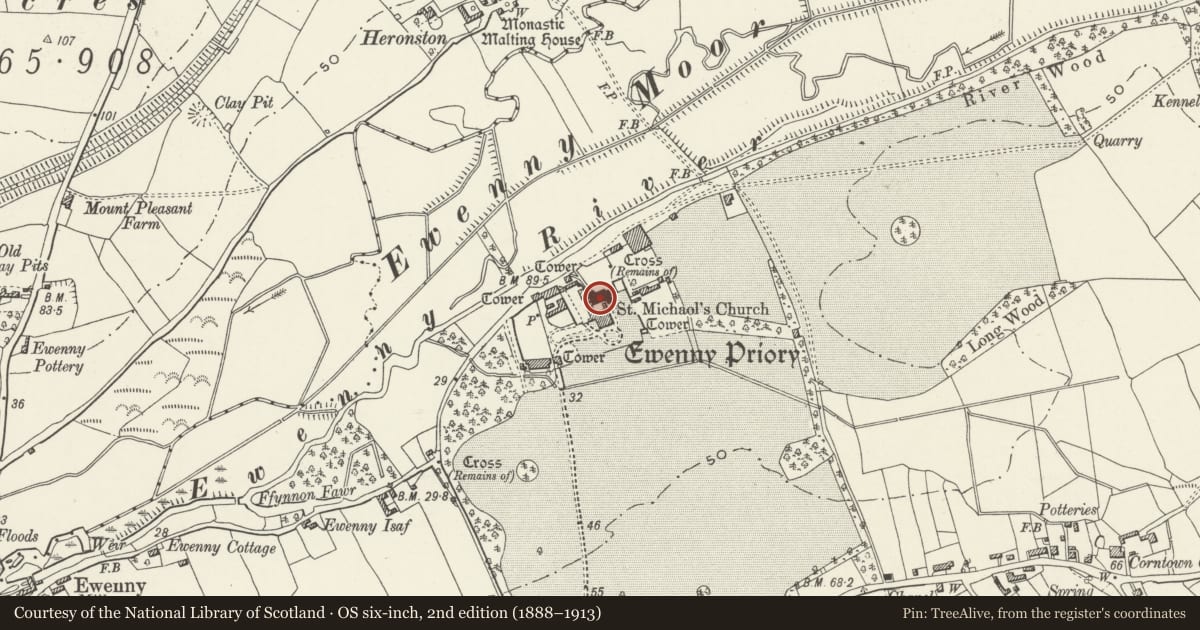 Ordnance Survey six-inch map, 2nd edition (1888–1913) covering the location of Church of St Michael, Ewenny, Vale of Glamorgan, with a pin at the register's coordinates