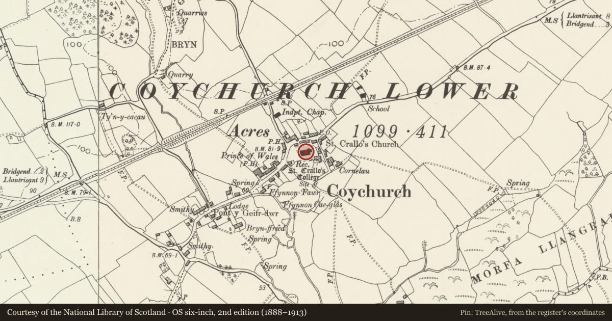 Ordnance Survey six-inch map, 2nd edition (1888–1913) covering the location of Church of St Crallo, Coychurch Lower, Bridgend, with a pin at the register's coordinates