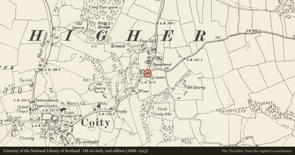 Ordnance Survey six-inch map, 2nd edition (1888–1913) covering the location of Ty Mawr, Coity Higher, Bridgend, with a pin at the register's coordinates
