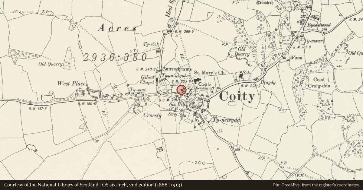 Ordnance Survey six-inch map, 2nd edition (1888–1913) covering the location of Coity Castle, Coity Higher, Bridgend, with a pin at the register's coordinates