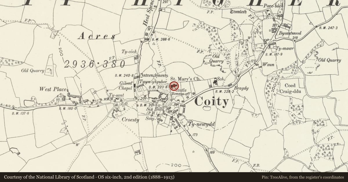 Ordnance Survey six-inch map, 2nd edition (1888–1913) covering the location of Church of St Mary, Coity Higher, Bridgend, with a pin at the register's coordinates