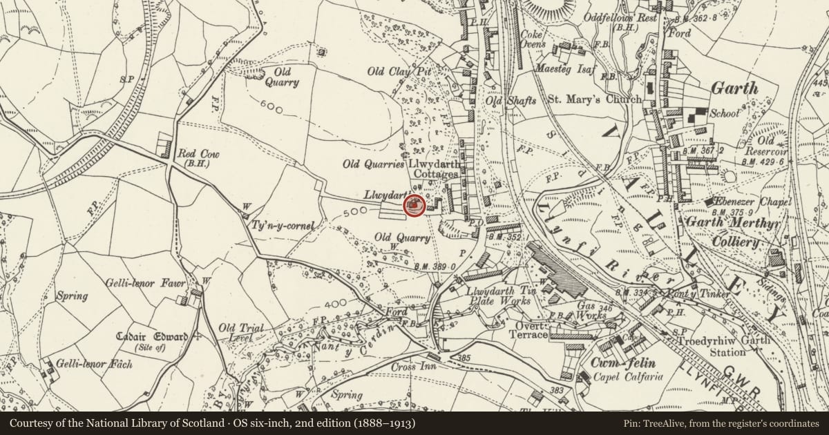 Ordnance Survey six-inch map, 2nd edition (1888–1913) covering the location of Llwydarth farmhouse, Maesteg, Bridgend, with a pin at the register's coordinates