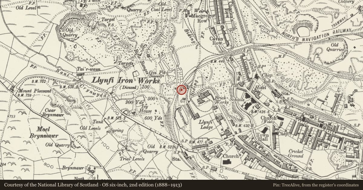 Ordnance Survey six-inch map, 2nd edition (1888–1913) covering the location of Maesteg Sports Centre, The Cornstores, Bridgend, with a pin at the register's coordinates