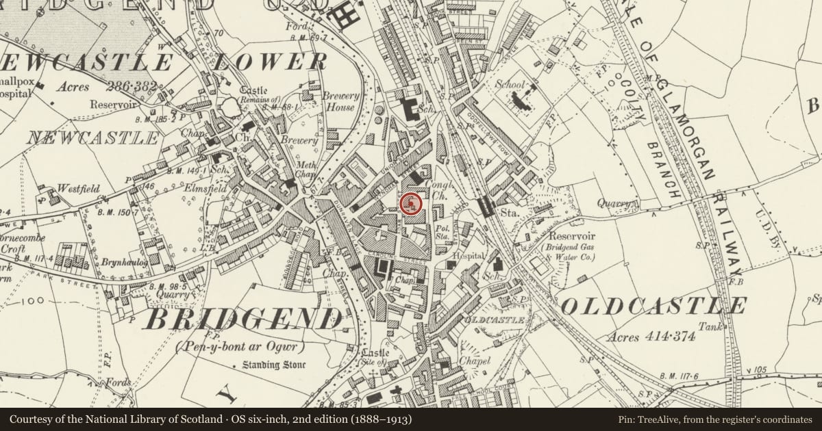 Ordnance Survey six-inch map, 2nd edition (1888–1913) covering the location of National Westminster Bank, Bridgend, with a pin at the register's coordinates