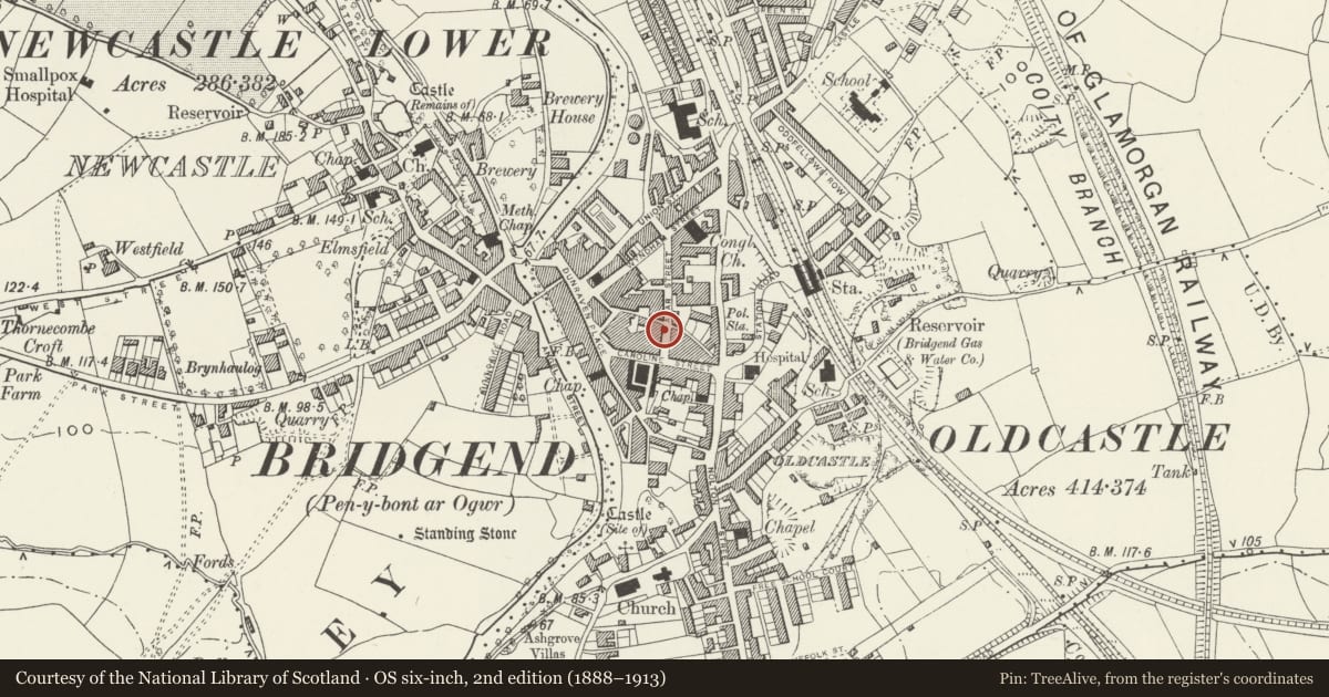 Ordnance Survey six-inch map, 2nd edition (1888–1913) covering the location of The Victoria PH, Bridgend, with a pin at the register's coordinates