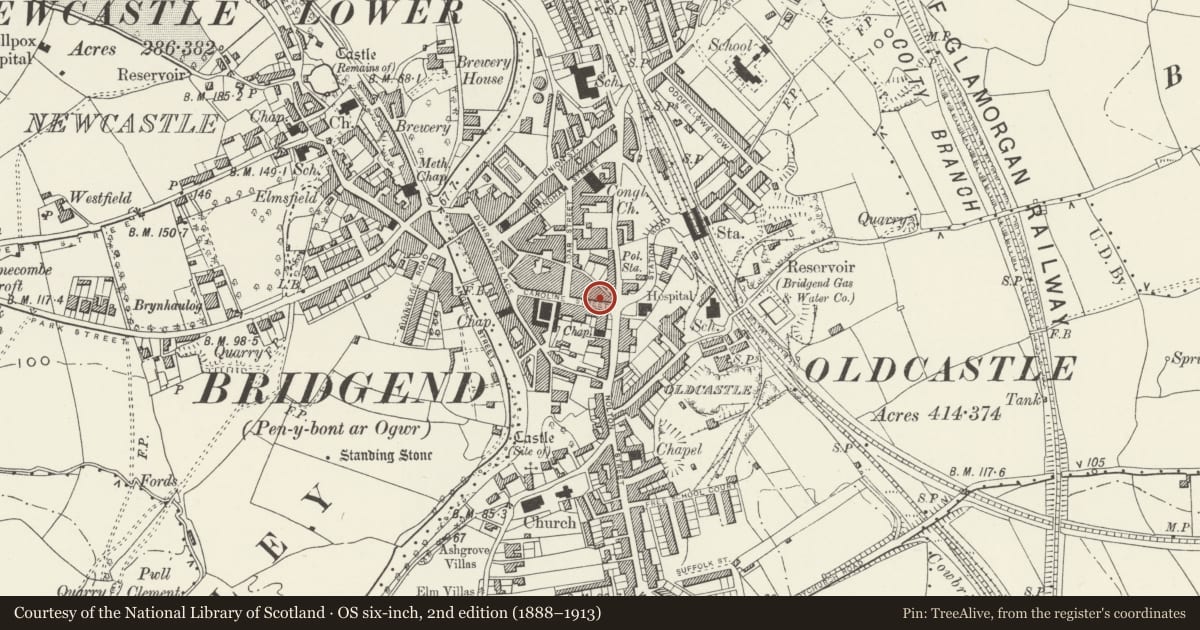 Ordnance Survey six-inch map, 2nd edition (1888–1913) covering the location of Rossie Attire, Bridgend, with a pin at the register's coordinates