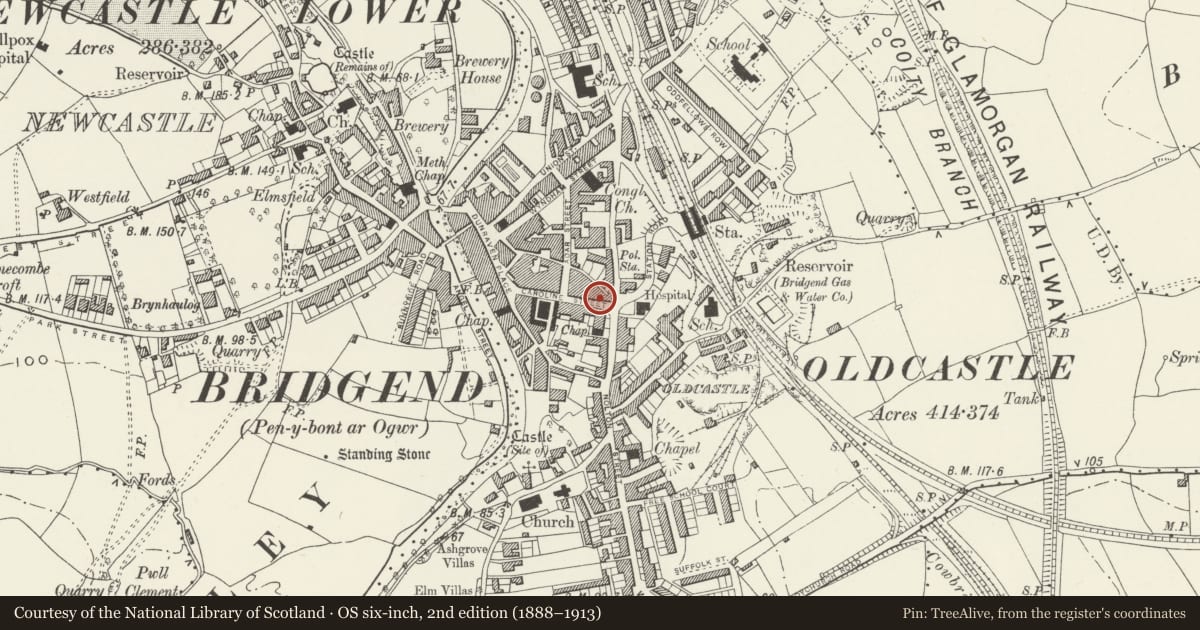 Ordnance Survey six-inch map, 2nd edition (1888–1913) covering the location of Ogmore Club, Bridgend, with a pin at the register's coordinates