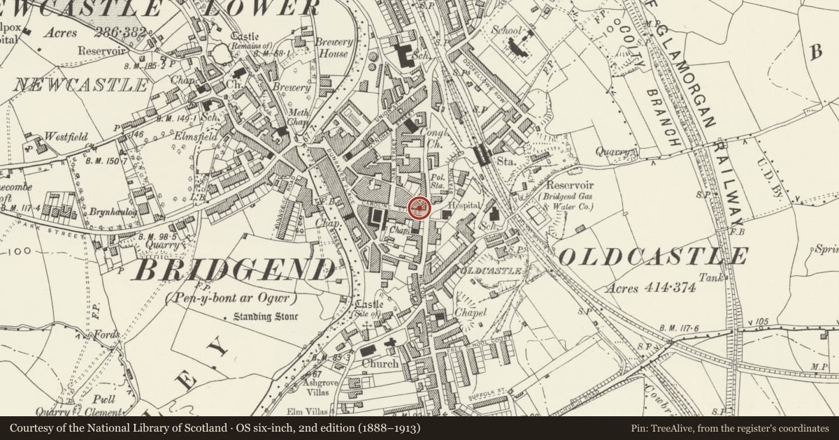 Ordnance Survey six-inch map, 2nd edition (1888–1913) covering the location of The Welsh Connection, Bridgend, with a pin at the register's coordinates