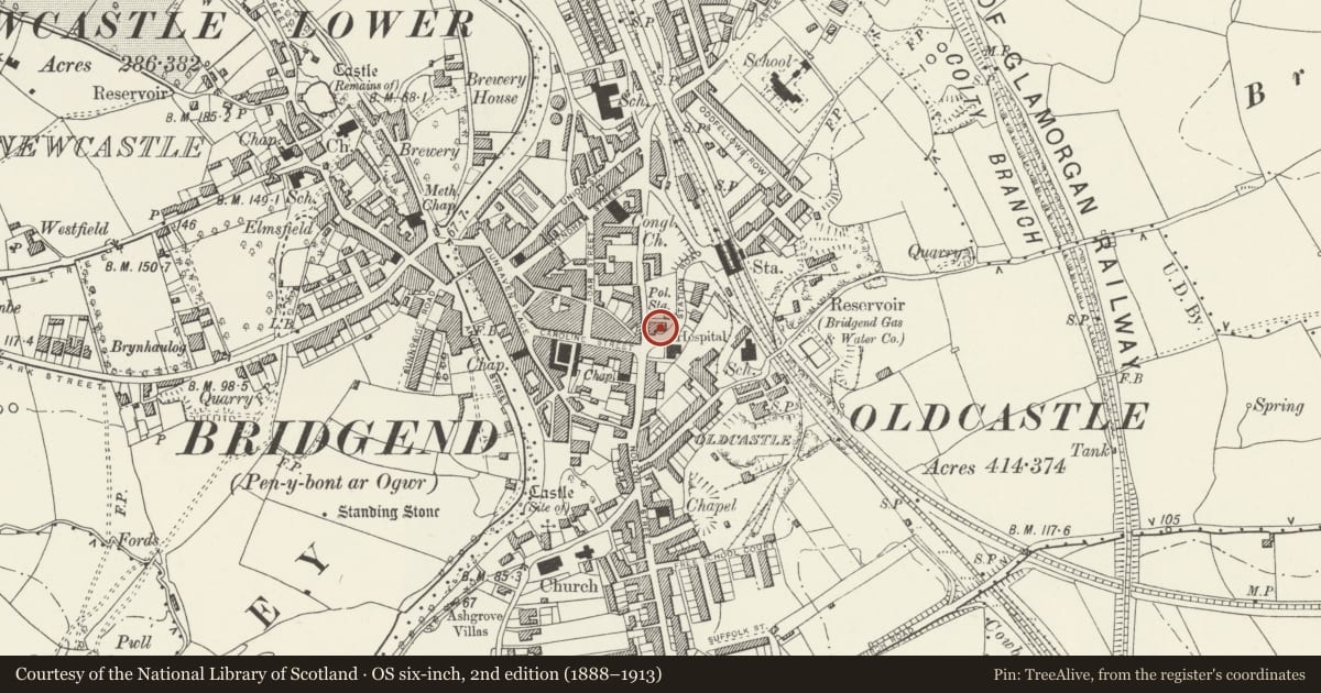 Ordnance Survey six-inch map, 2nd edition (1888–1913) covering the location of The Old Police Station, Bridgend, with a pin at the register's coordinates