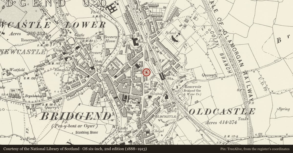 Ordnance Survey six-inch map, 2nd edition (1888–1913) covering the location of Former Fire Station & Post Office Van Depot, Bridgend, with a pin at the register's coordinates
