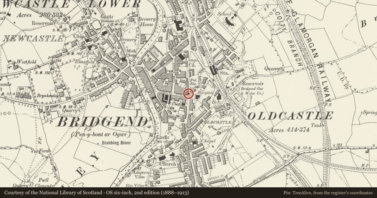 Ordnance Survey six-inch map, 2nd edition (1888–1913) covering the location of Former Castle Hotel, Bridgend, with a pin at the register's coordinates