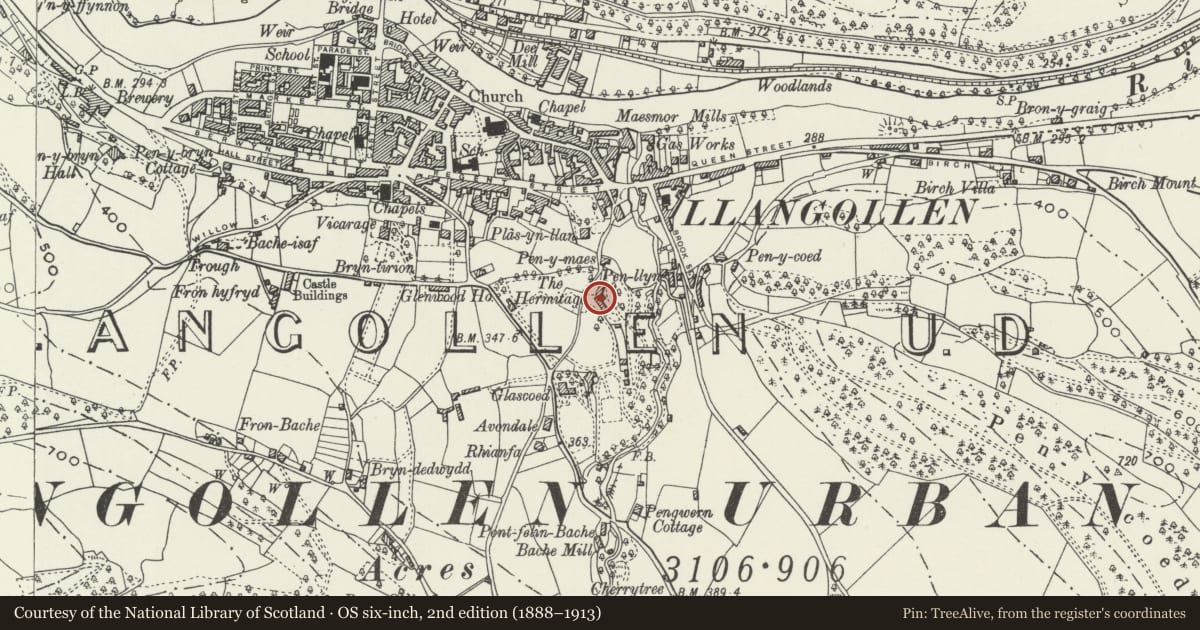 Ordnance Survey six-inch map, 2nd edition (1888–1913) covering the location of Plas Newydd, Llangollen, Denbighshire, with a pin at the register's coordinates