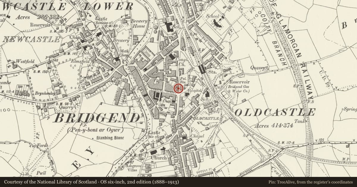 Ordnance Survey six-inch map, 2nd edition (1888–1913) covering the location of Property to right of former Castle Hotel, Bridgend, with a pin at the register's coordinates