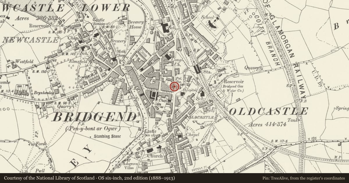 Ordnance Survey six-inch map, 2nd edition (1888–1913) covering the location of Former Coach House to the Old Police Station, Bridgend, with a pin at the register's coordinates