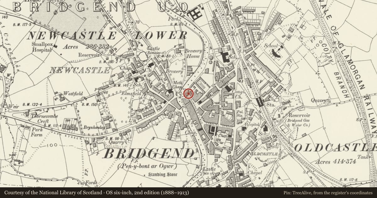 Ordnance Survey six-inch map, 2nd edition (1888–1913) covering the location of Dental Surgery, Bridgend, with a pin at the register's coordinates