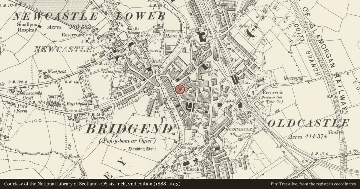 Ordnance Survey six-inch map, 2nd edition (1888–1913) covering the location of Wyndham Hotel, Bridgend, with a pin at the register's coordinates