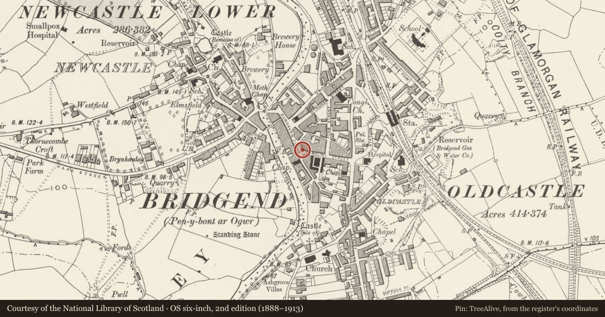 Ordnance Survey six-inch map, 2nd edition (1888–1913) covering the location of Milepost outside New Cords & Zenith Windows Ltd, Bridgend, with a pin at the register's coordinates