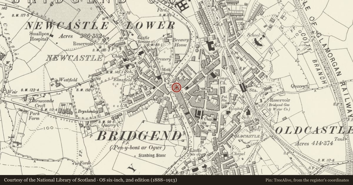 Ordnance Survey six-inch map, 2nd edition (1888–1913) covering the location of 10 Dunraven Place, Bridgend, with a pin at the register's coordinates