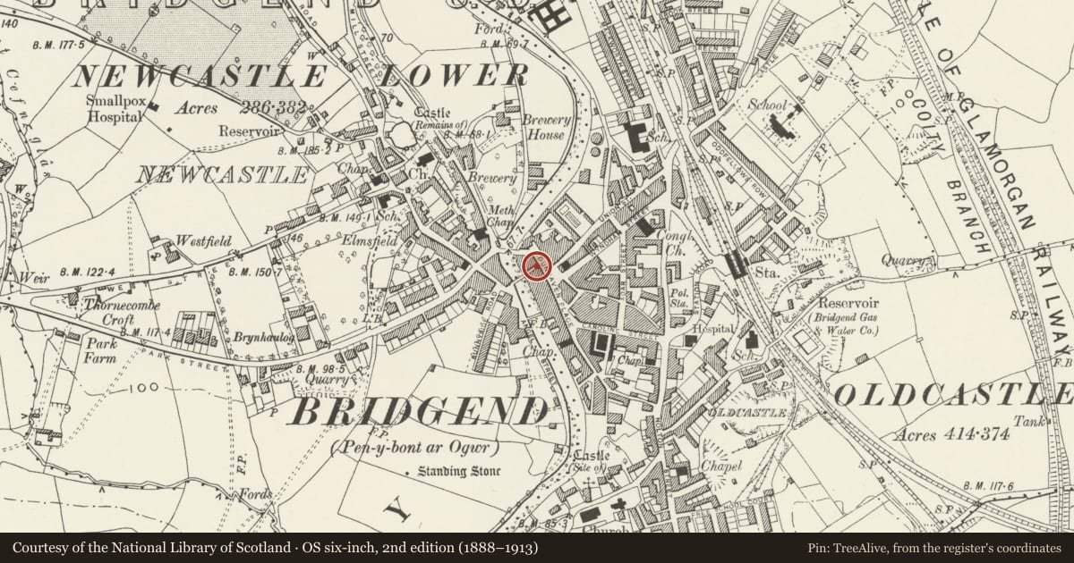 Ordnance Survey six-inch map, 2nd edition (1888–1913) covering the location of Anglian Windows Centre, Bridgend, with a pin at the register's coordinates