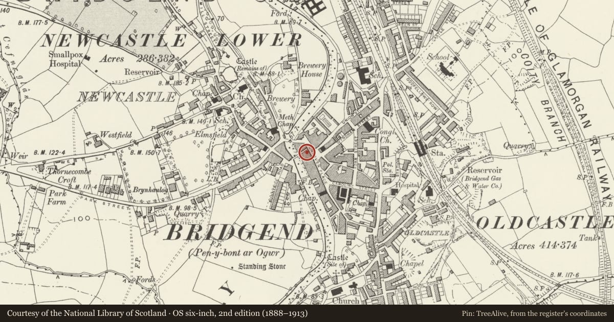 Ordnance Survey six-inch map, 2nd edition (1888–1913) covering the location of Clay Travel, Bridgend, with a pin at the register's coordinates