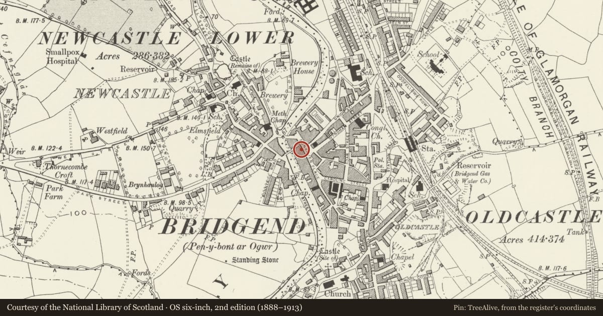Ordnance Survey six-inch map, 2nd edition (1888–1913) covering the location of Astley Samuel Leeder, Bridgend, with a pin at the register's coordinates