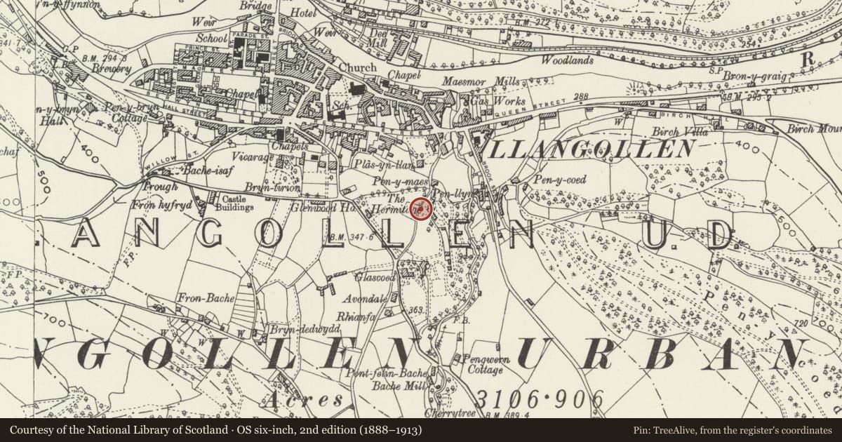 Ordnance Survey six-inch map, 2nd edition (1888–1913) covering the location of Dairy House at Plas Newydd, Llangollen, Denbighshire, with a pin at the register's coordinates