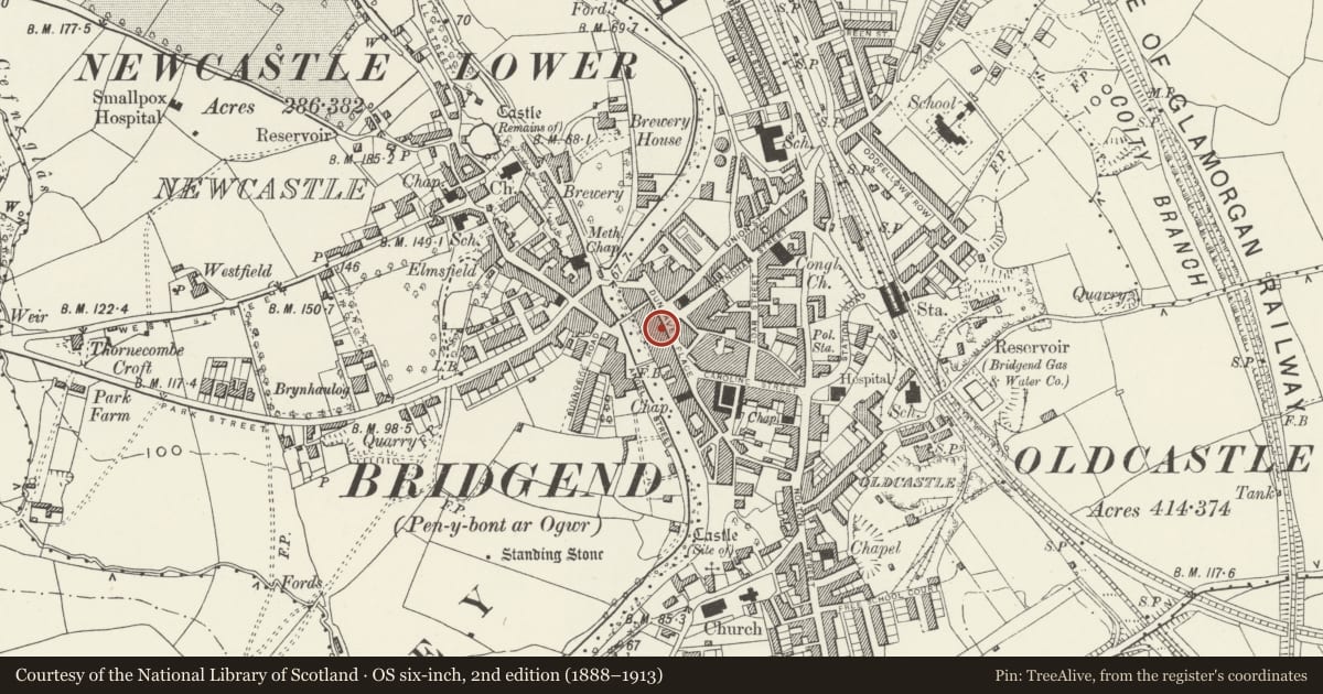 Ordnance Survey six-inch map, 2nd edition (1888–1913) covering the location of Dunraven Arcade, Bridgend, with a pin at the register's coordinates