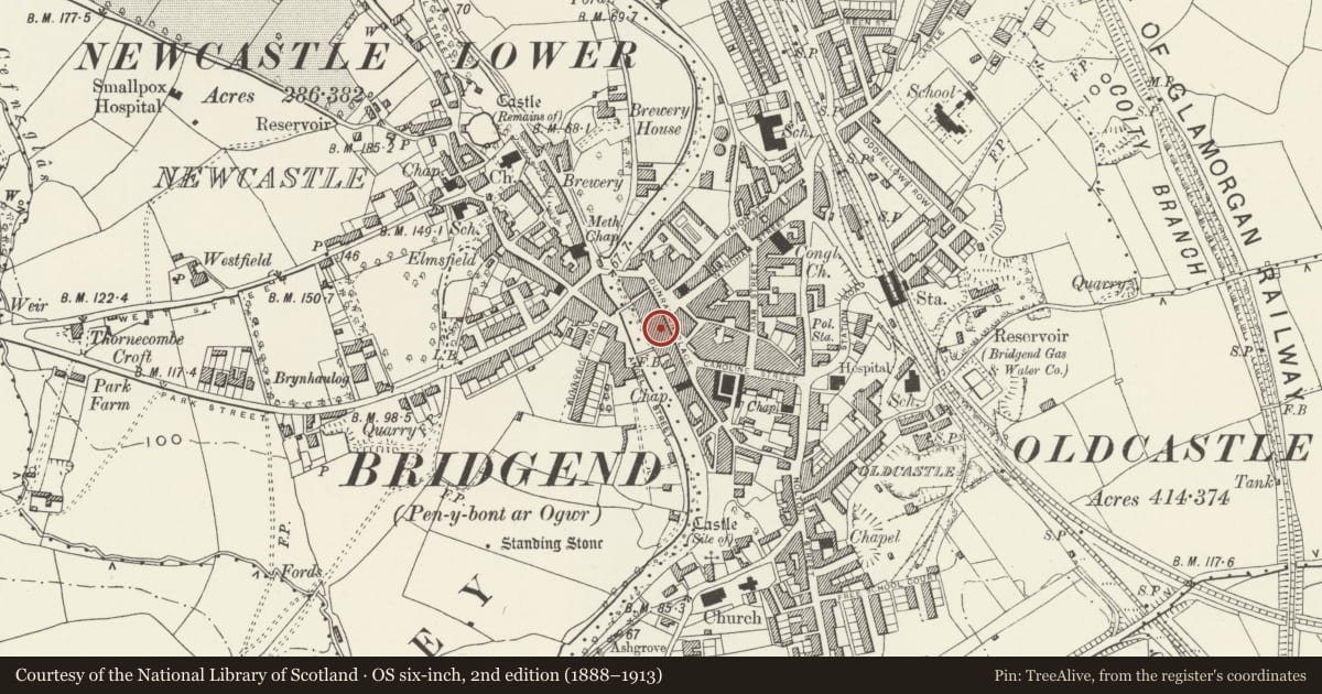 Ordnance Survey six-inch map, 2nd edition (1888–1913) covering the location of Dunraven Arcade, Bridgend, with a pin at the register's coordinates