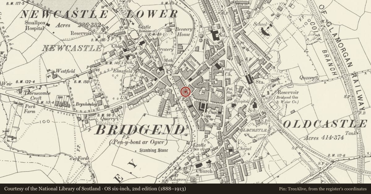 Ordnance Survey six-inch map, 2nd edition (1888–1913) covering the location of Dunraven Arcade, Bridgend, with a pin at the register's coordinates