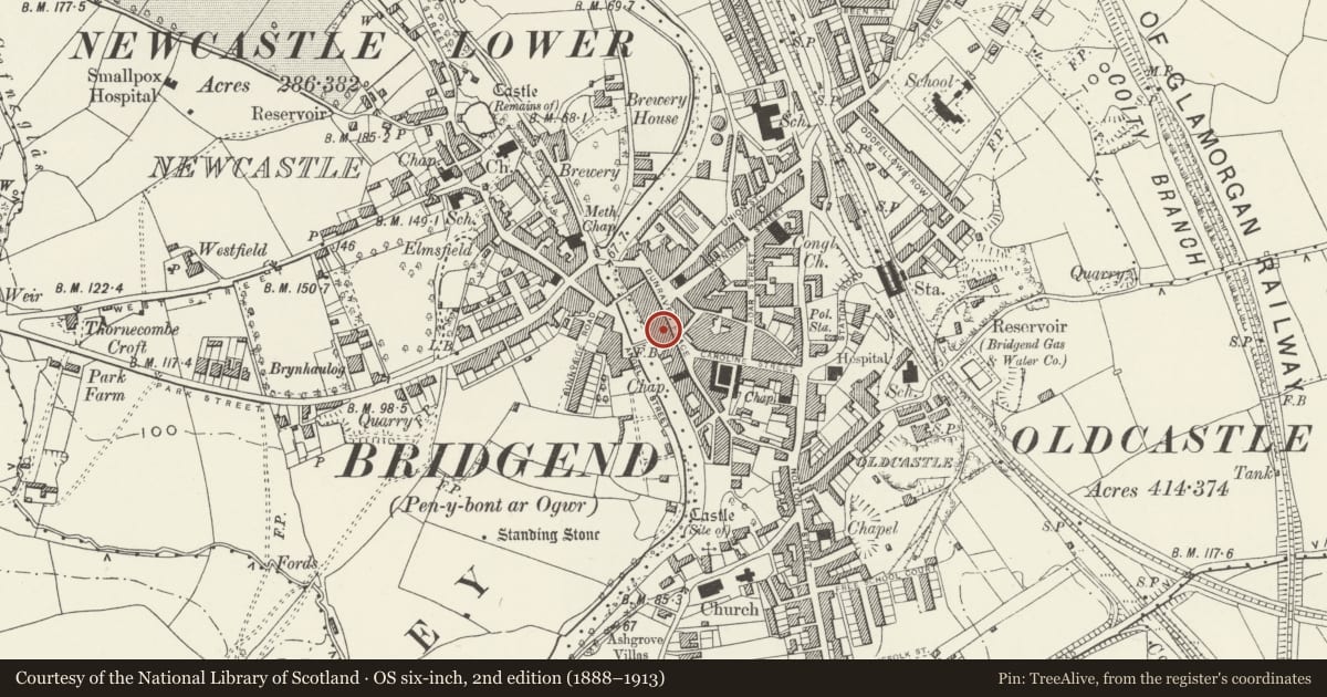 Ordnance Survey six-inch map, 2nd edition (1888–1913) covering the location of Dunraven Arcade, Bridgend, with a pin at the register's coordinates