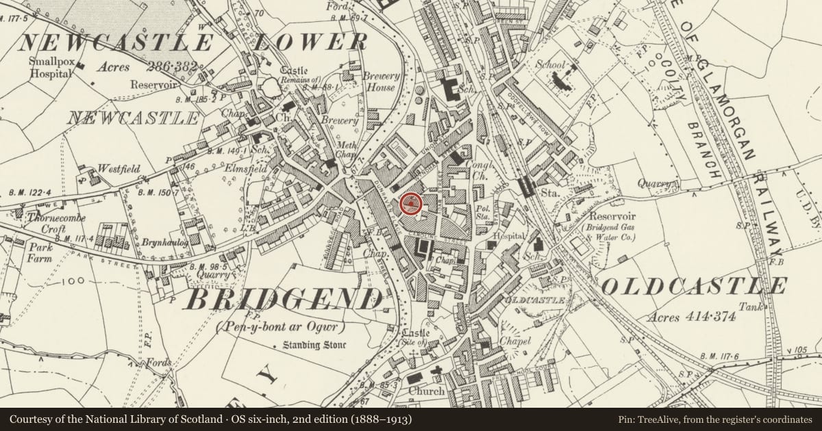Ordnance Survey six-inch map, 2nd edition (1888–1913) covering the location of NO.1 & Parallel Range to rear, Bridgend, with a pin at the register's coordinates