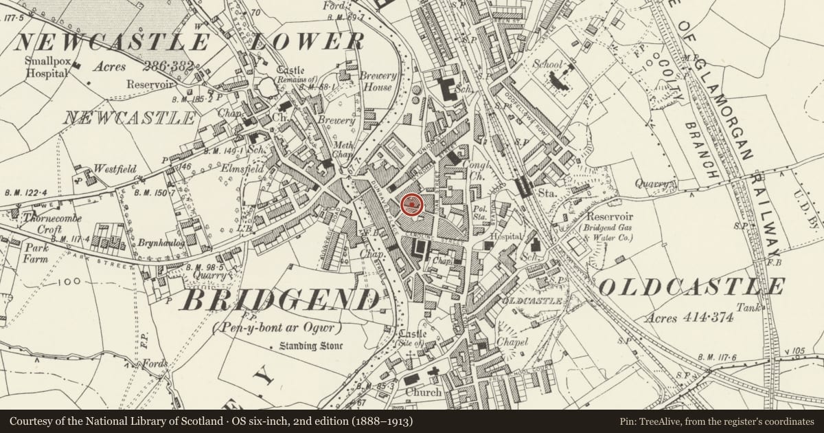 Ordnance Survey six-inch map, 2nd edition (1888–1913) covering the location of NO.3 & parallel range to rear, Bridgend, with a pin at the register's coordinates
