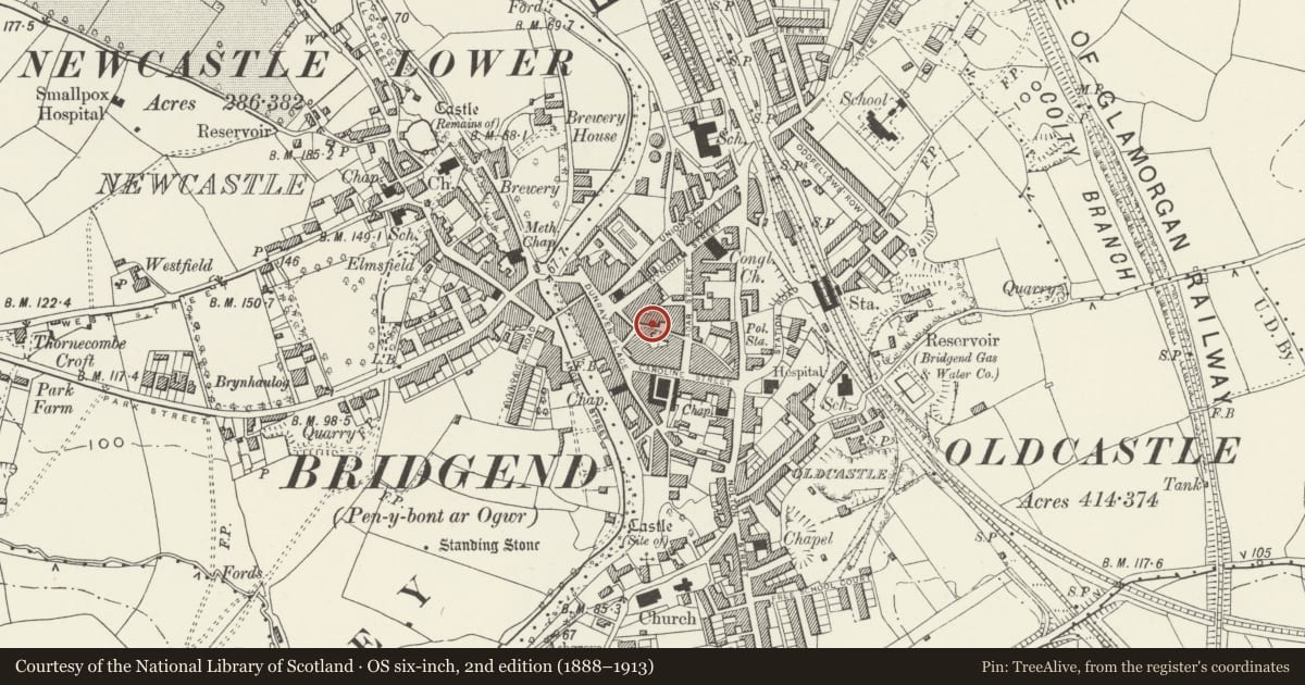 Ordnance Survey six-inch map, 2nd edition (1888–1913) covering the location of NO.5 & parallel range to rear, Bridgend, with a pin at the register's coordinates
