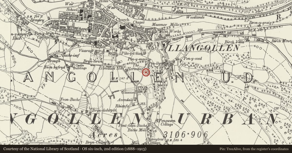 Ordnance Survey six-inch map, 2nd edition (1888–1913) covering the location of Chester High Cross Stem in the grounds of Plas Newydd, Llangollen, Denbighshire, with a pin at the register's coordinates